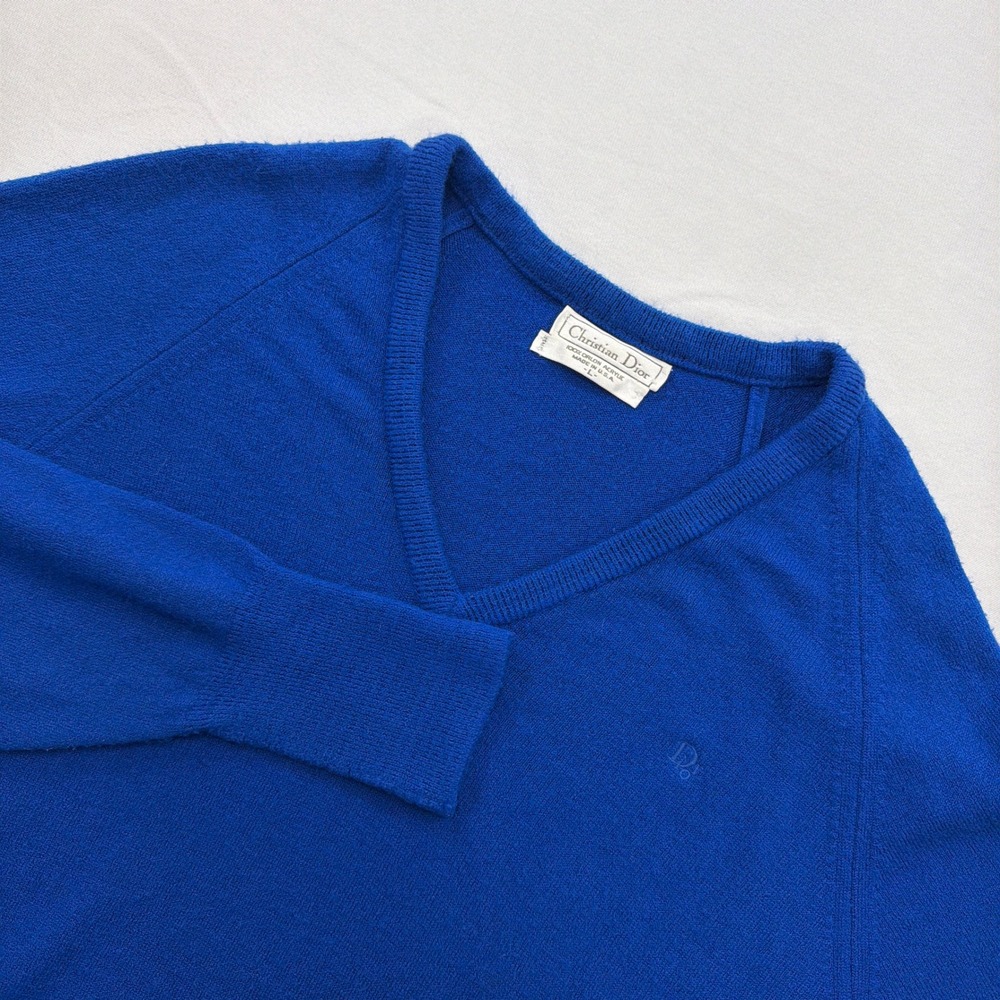 Christian Dior Sweater V-Neck Vintage Orlon Acrylic Royal Blue Mens Large